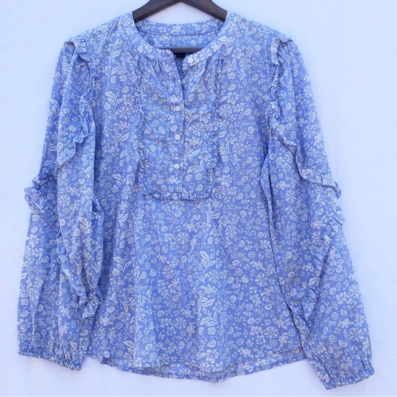 J.CREW | FLORAL RUFFLE LONG SLEEVED LIGHT BLUE AND WHITE BLOUSE MEDIUM - Picture 4 of 8